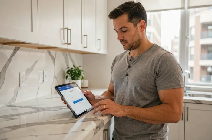 Homme accédant à son coffre-fort numérique sécurisé sur une tablette depuis son appartement moderne