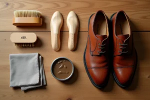 Accessoires d'entretien des chaussures disposés en flat lay sur une surface en bois : brosse, cire, embauchoirs en cèdre et chaussures Oxford en cuir