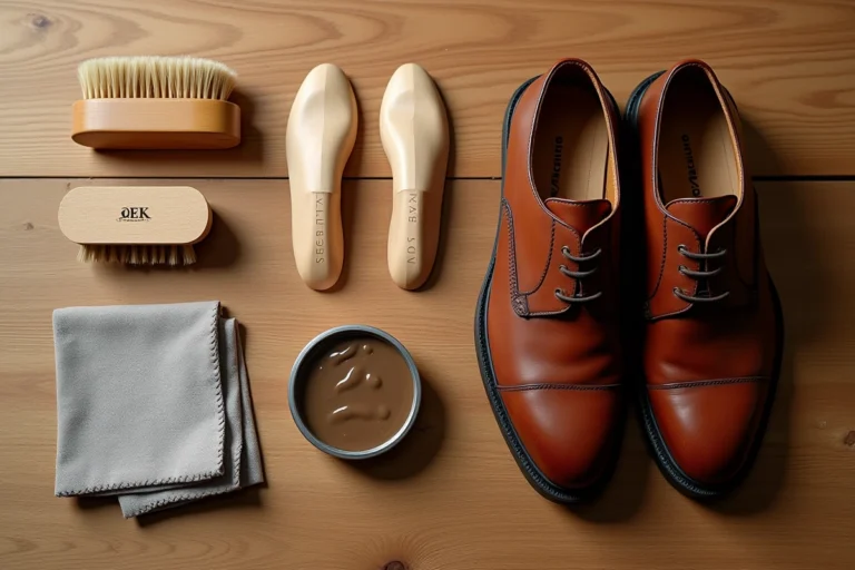 Accessoires d'entretien des chaussures disposés en flat lay sur une surface en bois : brosse, cire, embauchoirs en cèdre et chaussures Oxford en cuir