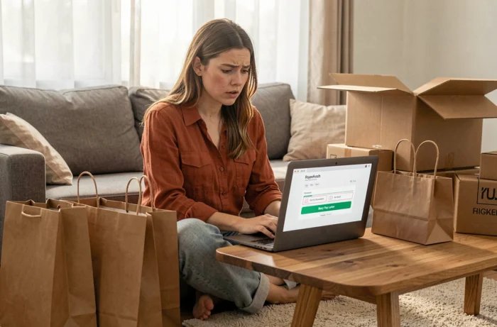 Jeune femme entourée de colis et d'achats en ligne sur son canapé, illustrant la consommation impulsive liée au paiement fractionné