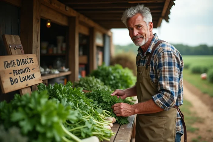 Agriculteur bio arrangeant des herbes fraîches sur un stand de vente directe à la ferme