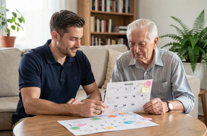 Un aidant et une personne âgée consultent ensemble un calendrier imprimé avec des repères visuels colorés