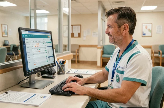 Aide-soignant masculin travaillant sur le logiciel de gestion des soins Netsoins dans un poste infirmier d'EHPAD