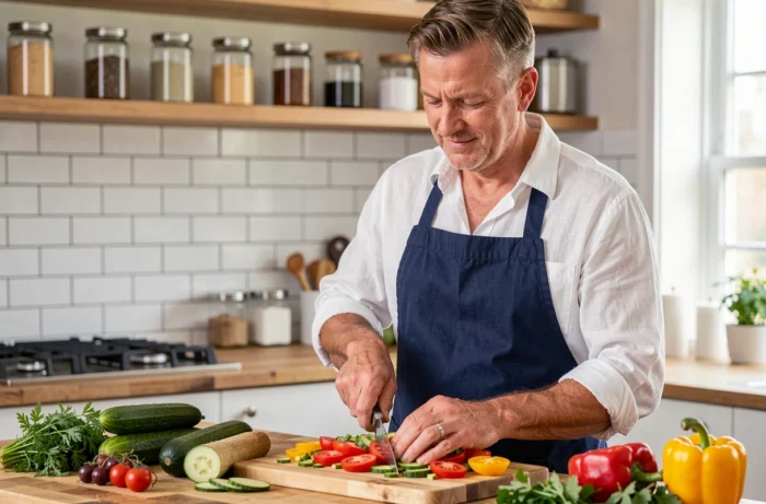 Homme préparant une salade de légumes frais dans une cuisine moderne dans le cadre d'une alimentation saine au quotidien