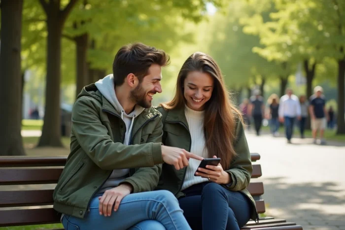 Deux amis regardant ensemble comment faire une demande sur Instagram dans un parc