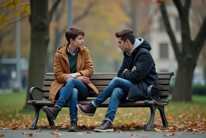 Deux amis sur un banc de parc, l'un préoccupé et distant, illustrant un changement de comportement dans les relations sociales