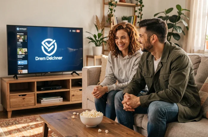 Deux amis regardant la nouvelle interface de streaming Crebya sur leur télévision dans un salon chaleureux