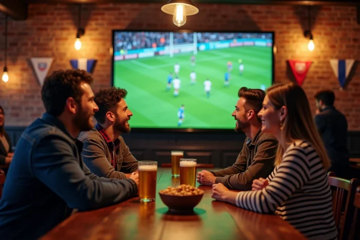 Groupe d'amis regardant un match de rugby en direct dans un bar sportif