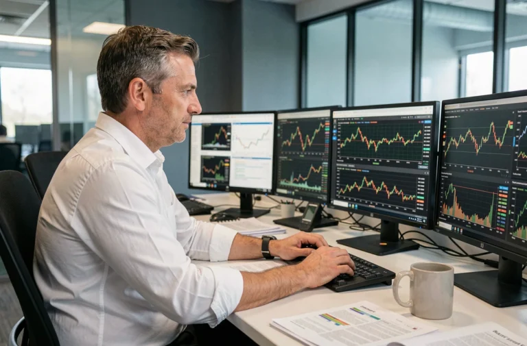 Analyste financier examinant les graphiques du cours de l'étain sur des écrans de trading dans un bureau professionnel
