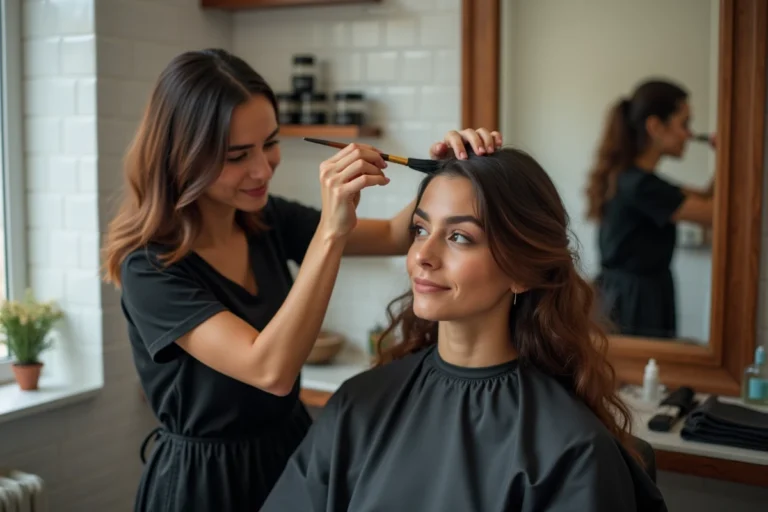 Application de henné noir sur cheveux châtains dans un salon de coiffure professionnel