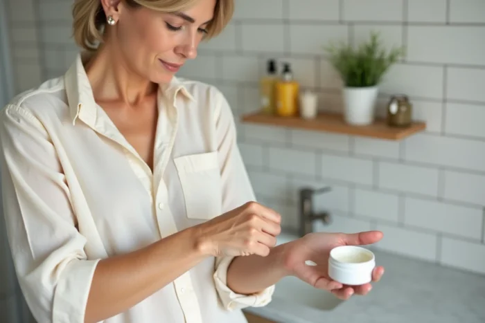 Femme appliquant de la pommade Saint Louis sur son avant-bras dans une salle de bain moderne et lumineuse
