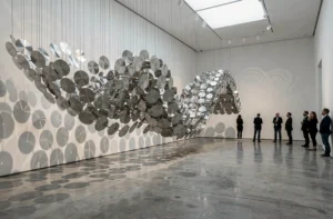 Installation d'art cinétique dans une galerie contemporaine avec des disques en aluminium suspendu créant des illusions d'optique en mouvement