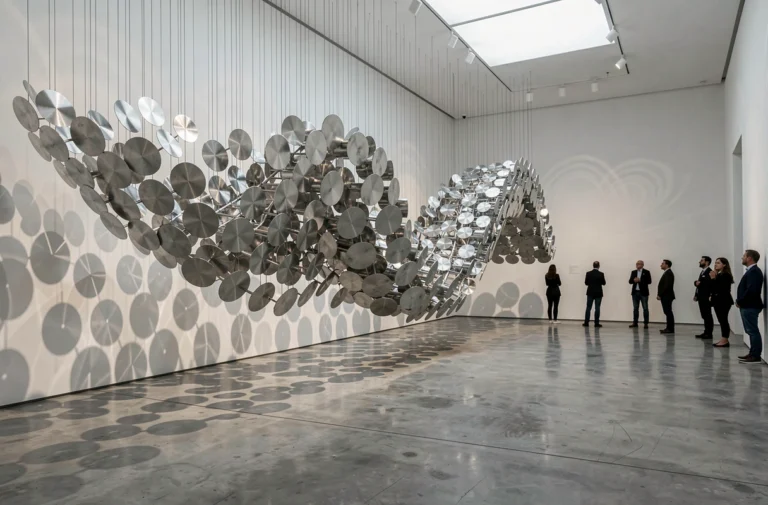 Installation d'art cinétique dans une galerie contemporaine avec des disques en aluminium suspendu créant des illusions d'optique en mouvement