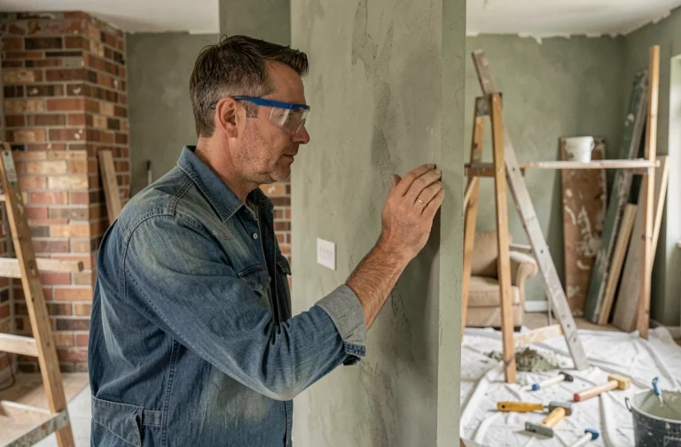 Artisan professionnel inspectant un mur en cours de rénovation dans une maison, portant des lunettes de protection et une chemise en denim