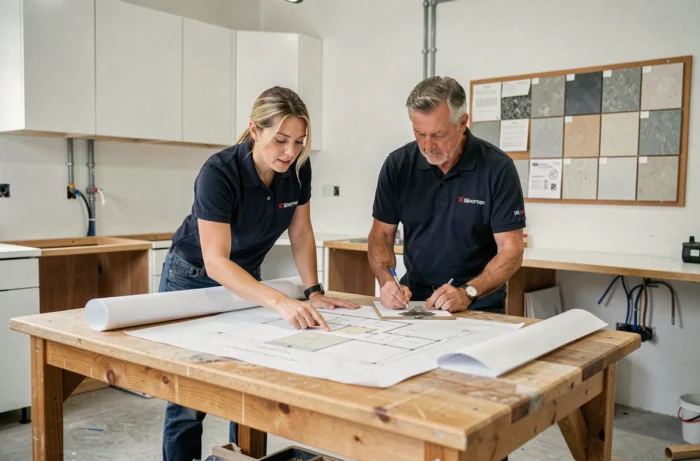 Deux artisans en train d'étudier des plans de rénovation dans une cuisine en chantier, entourés d'échantillons de matériaux et d'outils professionnels