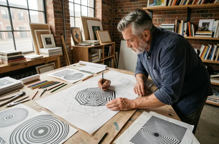 Artista che lavora su una composizione di arte ottica cinetica nel suo atelier, circondato da disegni geometrici e strumenti di creazione
