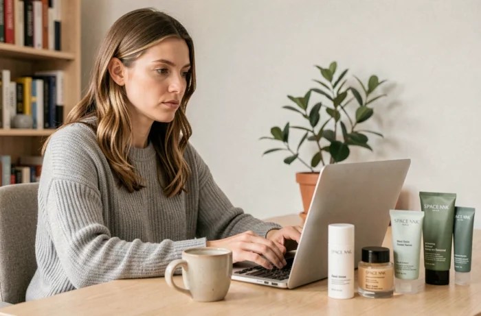 Femme rédigeant un avis consommateur sur Space NK France depuis son bureau à domicile entourée de produits de soin premium