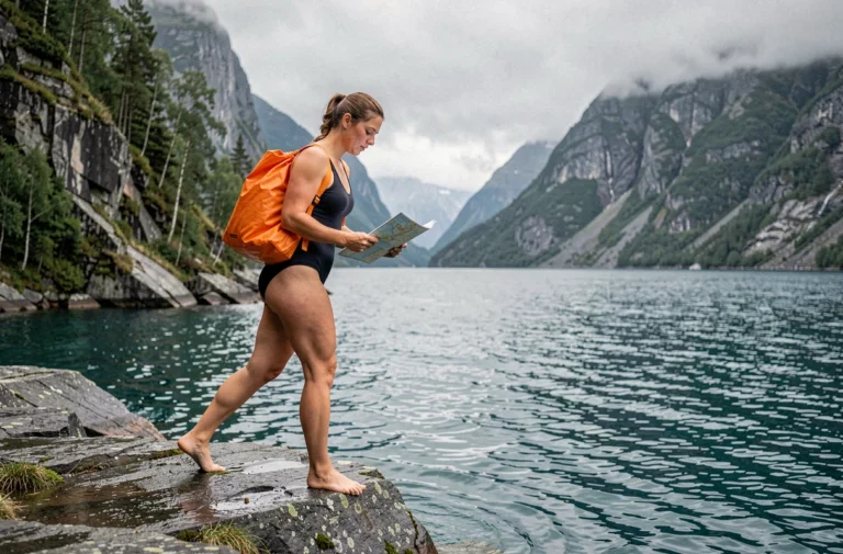 Femme en maillot de bain évaluant prudemment les eaux froides d'un fjord norvégien depuis un rivage rocheux