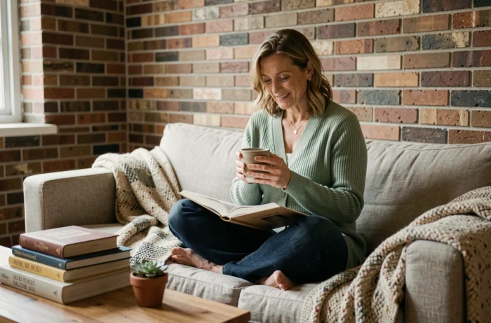 Femme sereine tenant une tasse de tisane et lisant un journal de bien-être dans un salon chaleureux pour prendre soin de sa santé mentale