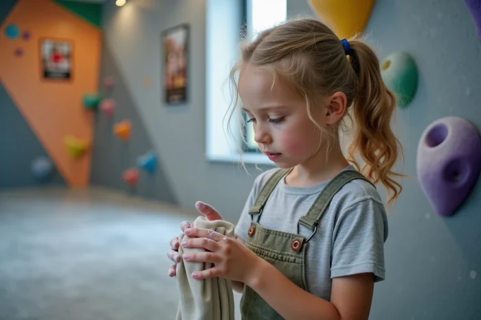 Une fille de 11 ans se magnésie les mains en observant une voie de bloc chez Bon Spot Lille, spécialiste du bloc