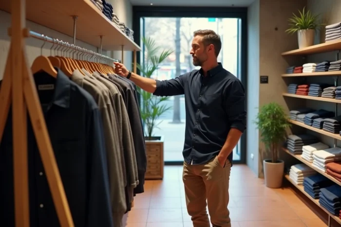 Homme explorant une boutique de vêtements moderne ouverte le dimanche à Marseille