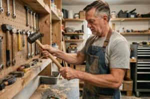 Bricoleur sélectionnant un maillet parmi des outils accrochés sur un panneau perforé dans un atelier de bricolage à domicile