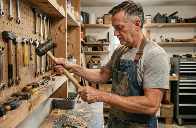 Bricoleur sélectionnant un maillet parmi des outils accrochés sur un panneau perforé dans un atelier de bricolage à domicile