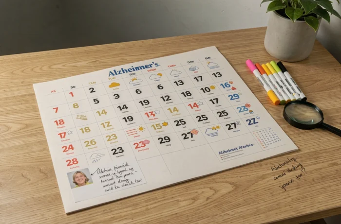 Calendrier imprimé grand format pour Alzheimer avec pictogrammes, chiffres larges et repères visuels sur un bureau en bois