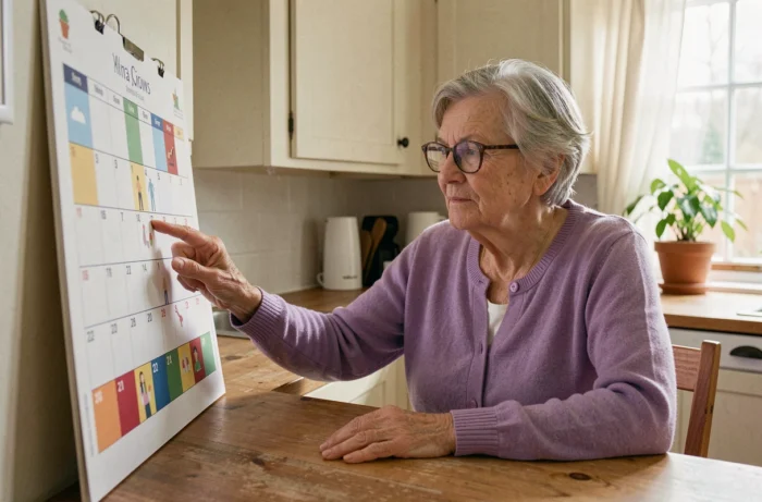 Une femme âgée atteinte d'Alzheimer consulte un calendrier grand format avec pictogrammes dans sa cuisine