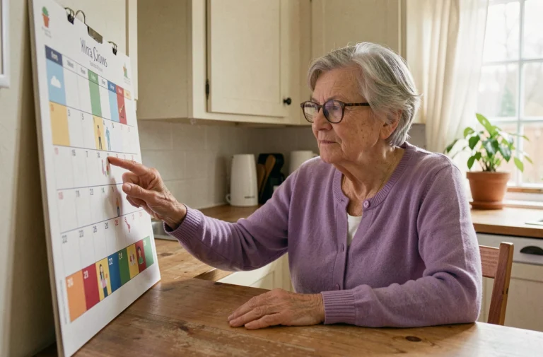 Une femme âgée atteinte d'Alzheimer consulte un calendrier grand format avec pictogrammes dans sa cuisine