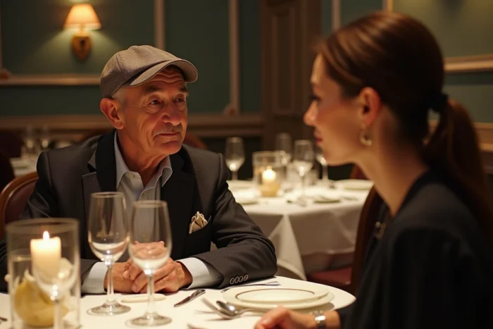 Homme âgé portant une casquette dans un restaurant gastronomique face à une jeune femme, débat générationnel sur les bonnes manières