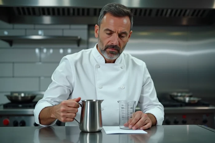 Chef cuisinier comparant un récipient de 400 ml et un litre dans une cuisine professionnelle pour maîtriser les conversions de volumes en cuisine