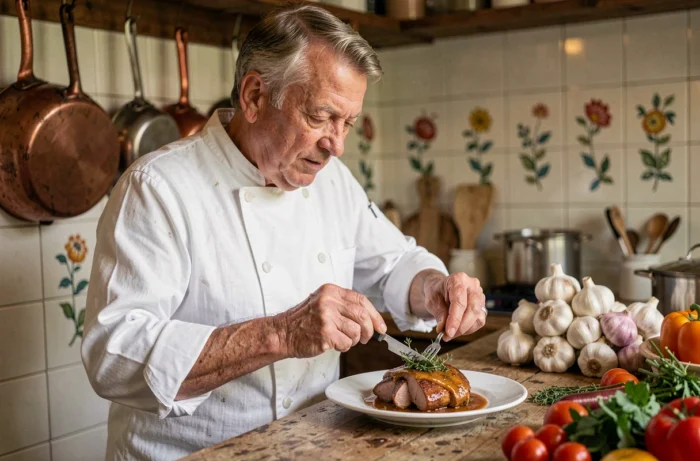 Chef propriétaire d'une maison d'hôtes garnissant un plat de confit de canard dans une cuisine traditionnelle française aux ustensiles en cuivre