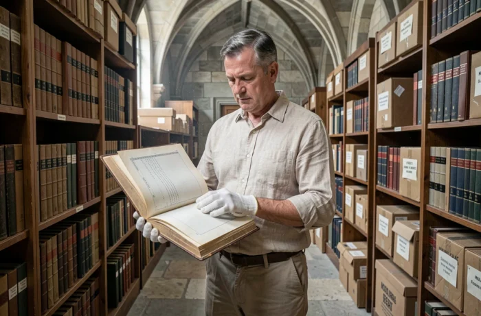 Chercheur consultant un registre d'archives historiques dans une bibliothèque municipale pour retracer des origines familiales