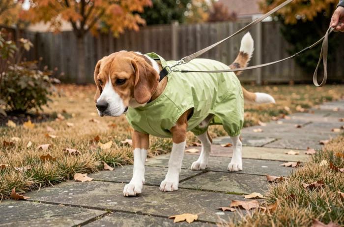 Chien beagle en combinaison de récupération post-opératoire marchant lentement dans un jardin après sa stérilisation