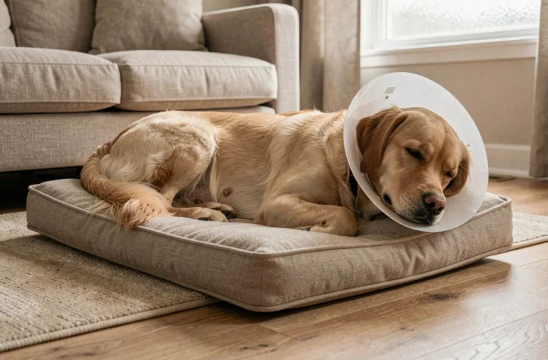 Chien golden retriever portant un collier de récupération post-opératoire allongé sur un lit orthopédique après une stérilisation