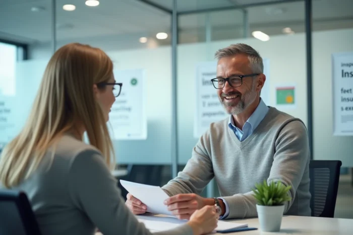 Client discutant de son assurance avec un conseiller dans une agence professionnelle moderne