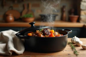 Cocotte en fonte émaillée noire sur une table en bois rustique avec un ragoût de bœuf aux légumes et herbes fraîches