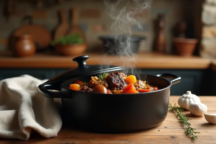 Cocotte en fonte émaillée noire sur une table en bois rustique avec un ragoût de bœuf aux légumes et herbes fraîches