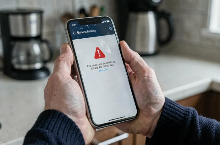 Gros plan d'un smartphone affichant le code d'erreur technique 45 d'une application bancaire
