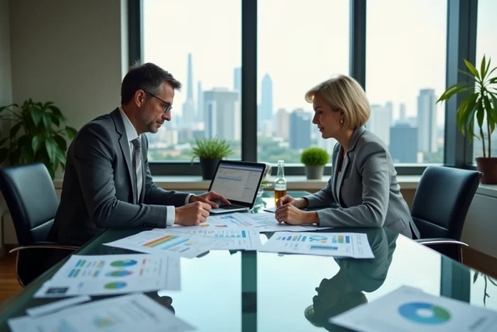 Deux professionnels collaborant autour de rapports financiers et d'un logiciel d'automatisation des transactions B2B en salle de réunion