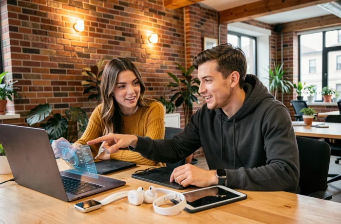 Deux professionnels collaborant sur des innovations technologiques et des tendances informatiques avec plusieurs appareils connectés dans un espace de co-working en 2024