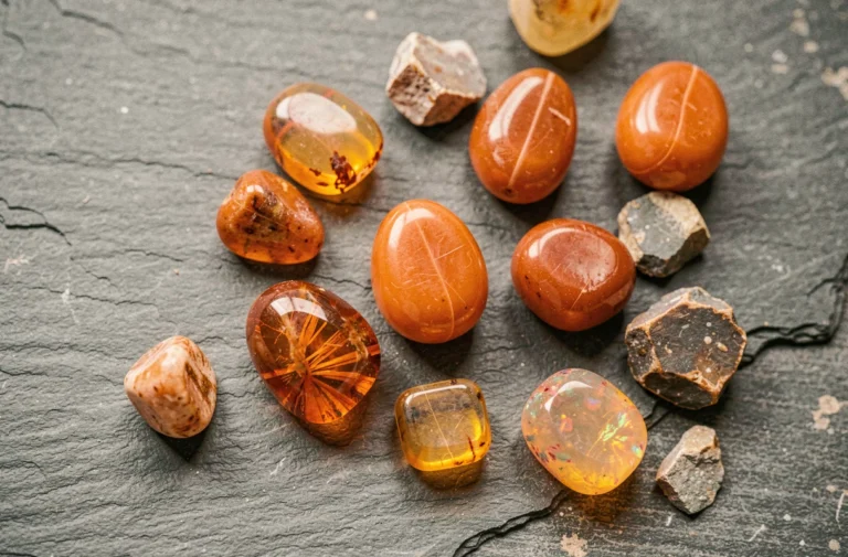 Collection de pierres oranges polies — cornaline, pierre de soleil et opale de feu — disposées sur une ardoise grise, photographiées en vue aérienne avec une profondeur de champ réduite révélant leurs nuances ambrées et translucides.