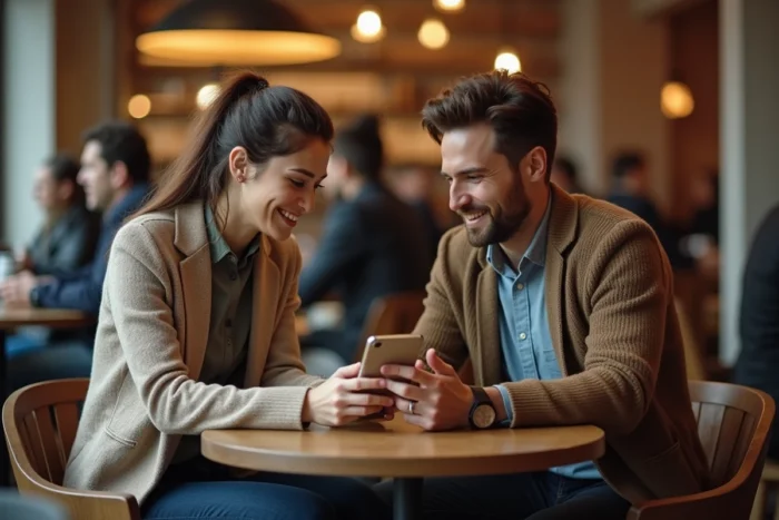 Deux collègues discutant d'une application de communication sur smartphone dans un café urbain