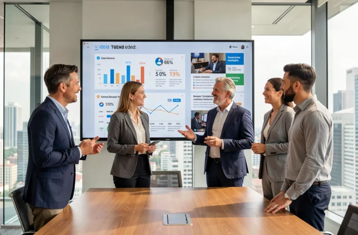 Groep collega's in een vergadering die de laatste trends in de digitale wereld bespreken op een interactief scherm