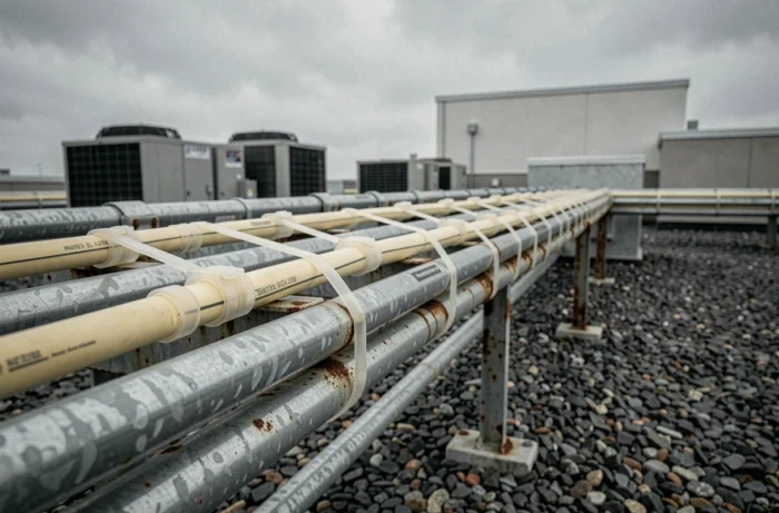 Installation extérieure de colliers rilsan translucides sur un chemin de câbles galvanisé en toiture industrielle, montrant leur résistance aux UV et aux intempéries
