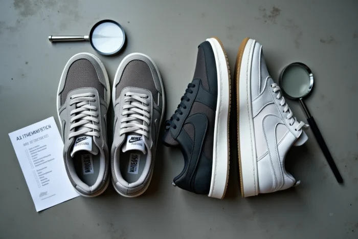 Comparaison de semelles Nike authentique et contrefaite avec codes UPC pour identifier les faux
