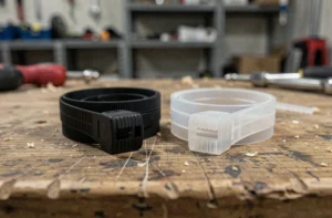 Comparaison côte à côte d'un collier de serrage colson noir et d'un rilsan translucide sur un établi d'atelier, montrant les différences de texture et de mécanisme de verrouillage