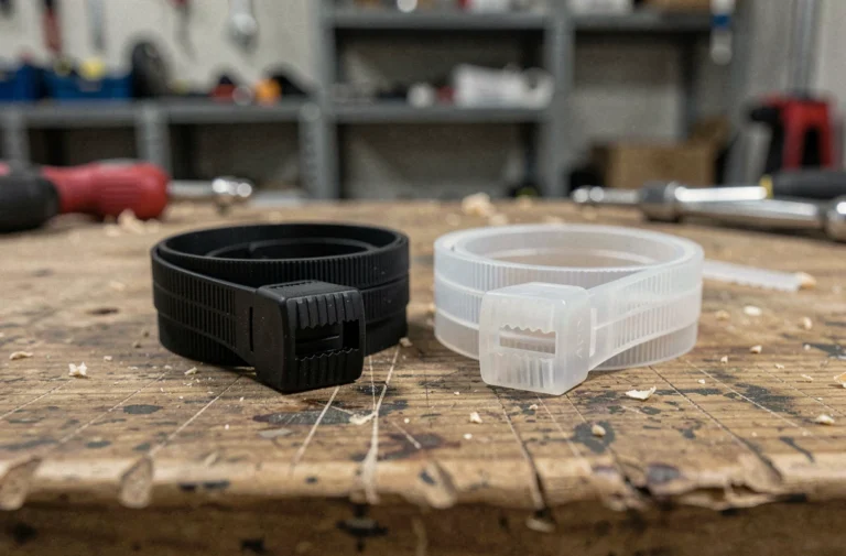 Comparaison côte à côte d'un collier de serrage colson noir et d'un rilsan translucide sur un établi d'atelier, montrant les différences de texture et de mécanisme de verrouillage