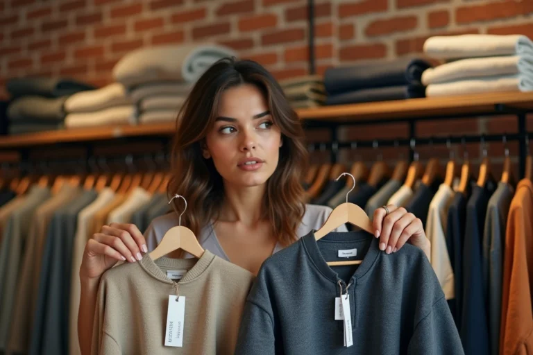 Femme comparant des étiquettes de taille mexicaine et française dans une boutique de vêtements